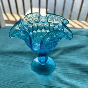 Vintage Colonial Blue Pedestal Bubble Dish With Ruffled Rim 1970’s Candy Dish 6”